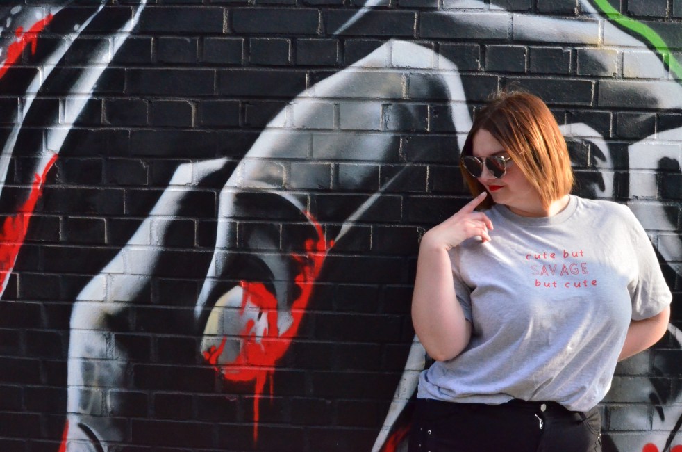 Rock on Ruby cute but savage but cute t shirt, Topshop lace up jeans, Public Desire multi colour slides, silver mirror cat eye sunglasses